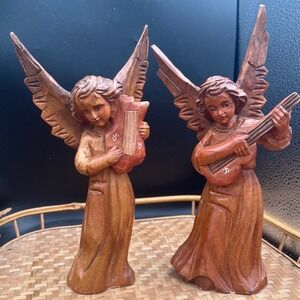 Vtg Wood Hand Carved Christmas Angel Figure figurine nativity 9" Guitar Set of 2